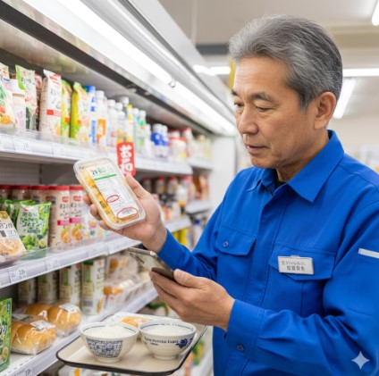 コンビニの冷蔵棚の前で、商品の栄養成分表示(特に食塩相当量とたんぱく質)をスマートフォンと見比べながら真剣に確認している日本人男性店長。手元には低たんぱくごはんの容器が置かれている。