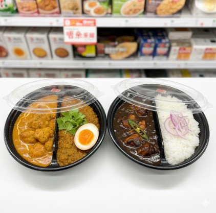 セブンイレブンの陳列棚を背景に、あいがけスタイルのチキンカレーと本格的なカシミールカレーの弁当が並べられている。
