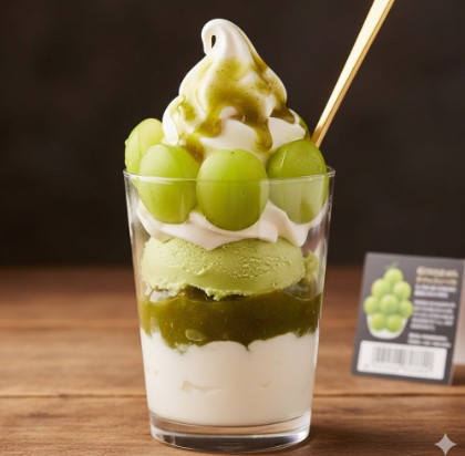 透明なグラスに入った豪華なシャインマスカットパフェ。上にはソフトクリーム、その周りには皮付きの丸いシャインマスカットが複数乗っており、抹茶のような緑色のソースがかかっている。