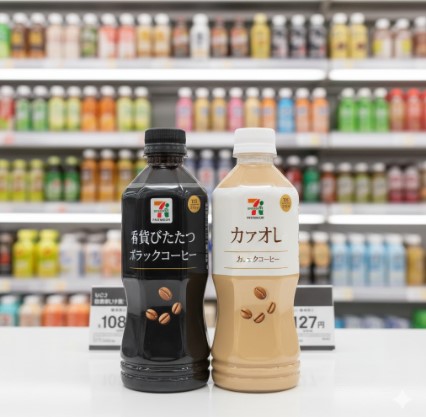 セブンイレブンの店内で、セブンプレミアムの「香りひきたつ ブラックコーヒー」と「カフェオレ」の500mlペットボトルが並べられている。背景にはカラフルな飲料棚が見える。