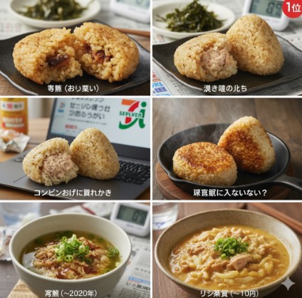 さまざまな具材のコンビニおにぎりのクローズアップ画像。開かれたおにぎりからツナマヨネーズや鮭が見えている。