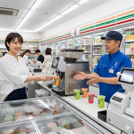 セブンイレブンの店内で、笑顔の日本人女性客がスムージーカップを店員に渡している。近くにはスムージーマシンと数種類のスムージーカップが並んでいる。
