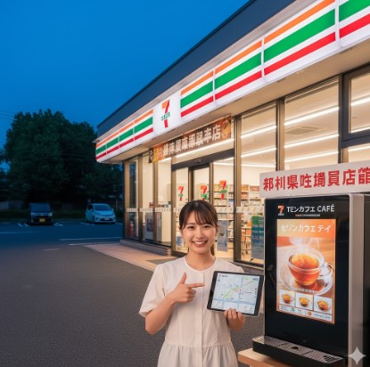 夜のセブンイレブンの店舗前で、日本人の女性がタブレットの地図と紅茶マシンの案内板を指し示している。