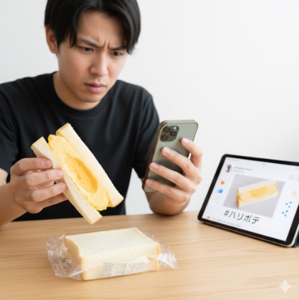 サンドイッチの中身を見てがっかりし、スマートフォンで撮影しようとしている様子。