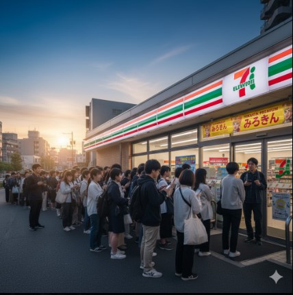 夜明け前のセブンイレブン店舗前で、開店を待つ多くの人々が行列を作っている様子