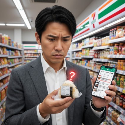コンビニでセブンイレブンのおにぎりを手に取り、不安そうな表情で成分表示を見る日本人男性。もう一方の手には「セブンイレブン 米 危険」と検索されたスマートフォンの画面があり、消費者の懸念を表現。