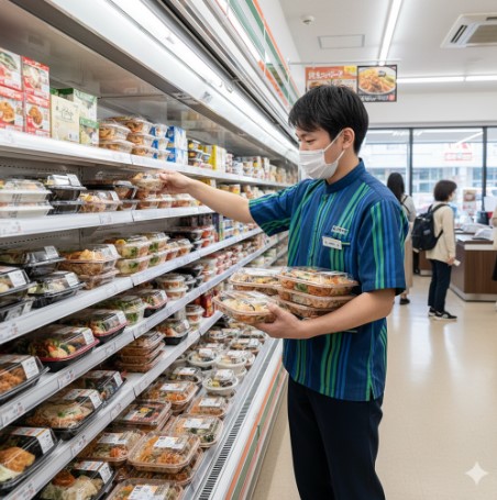 ランチタイムに向けて、セブンイレブンの店員が冷蔵棚に多種多様な弁当を丁寧に補充している様子。
画像3