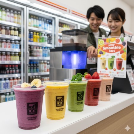 コンビニエンスストアのカウンターに並んだカラフルなセブンイレブンのスムージー。奥にはスムージーマシンと、笑顔で新商品ポスターを見ている日本人カップル。