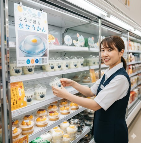 コンビニの冷蔵スイーツコーナーで、日本の女性店員が「とろける水ようかん」を補充している。商品棚には季節限定のポップが飾られ、他の夏向けスイーツも並んでいる。