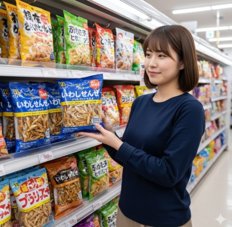 ローソンストア100の菓子コーナーで、「VLいわしせんべい」を手に取り商品を見ている若い日本人女性。