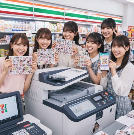 コンビニのマルチコピー機の前で、シェアプリントで印刷した写真とアプリの画面を見せて笑顔でポーズをとる6人の日本人女性アイドルグループ。