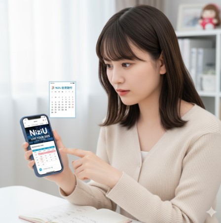 代替テキスト(alt): - スマートフォンでNiziUの公式サイトを真剣な表情で確認している若い日本人女性。カレンダーアプリで受付期間をチェックしている様子。