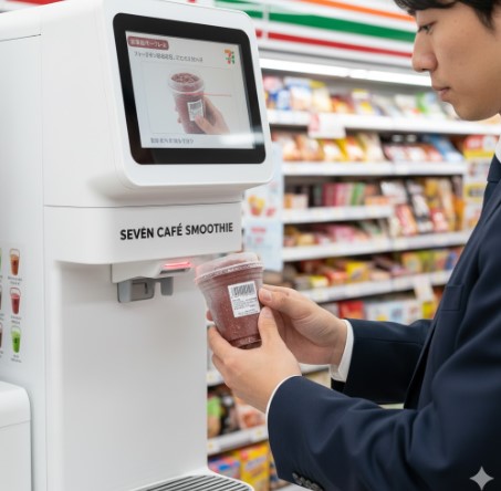 セブンイレブンの店内で、日本人男性がセブンカフェスムージーマシンにスムージーカップのバーコードを読み取らせている。マシンの画面には操作手順が表示されている。