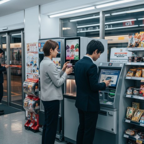 セブンイレブンの店内で、男性がセブン銀行ATMを利用し、女性がセブンイレブンのスムージーを手にしている。背景には商品棚とガチャガチャが見える。