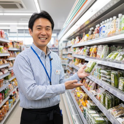 ファミリーマートの日本人店員が、冷蔵棚で様々な種類のきゅうりの一本漬けを顧客に紹介し、笑顔で接客している様子。