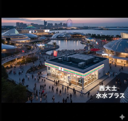 大阪・関西万博の会場を空から見た様子。多数のパビリオンと来場者で賑わう中にセブンイレブンの店舗が見える。