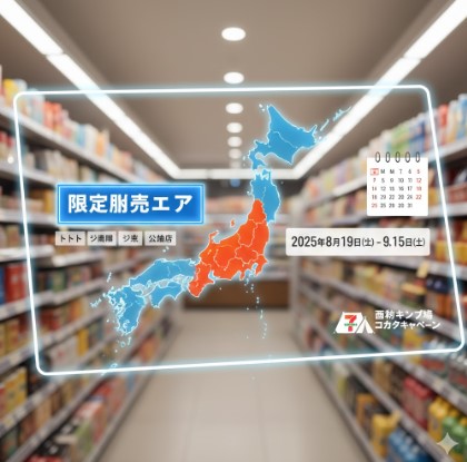 セブンイレブンの店内通路に、日本地図のホログラムが浮かび上がっている。中国地方4県（鳥取、島根、広島、山口）が赤くハイライトされ、「限定販売エリア」と示されている。右側には「2025年8月19日(火) - 9月15日(月)」のキャンペーン期間を示すカレンダーも表示されている。