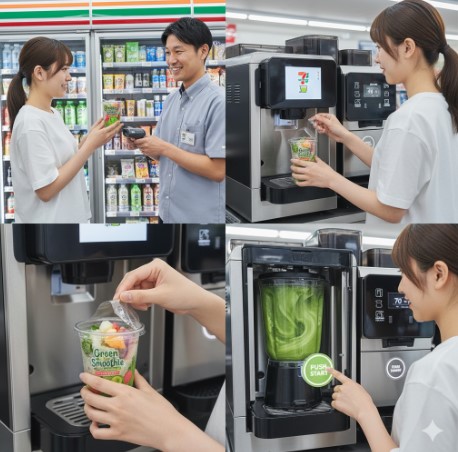 セブンイレブンのスムージー作成手順を示す4分割画像。レジでの購入、専用マシンへのセット、フィルム剥がし、スタートボタン押下を日本人が実演。