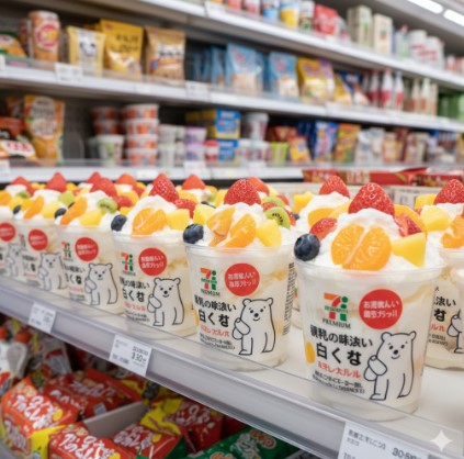 セブンイレブン限定の白くまアイス「練乳の味わい白くま」のカップが棚に並んでいる様子。