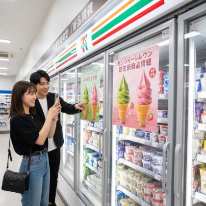 コンビニのアイスクリーム売り場で、セブンイレブンの新作ソフトクリームのポスターを見ながらスマートフォンで写真を撮る若い日本人カップル。