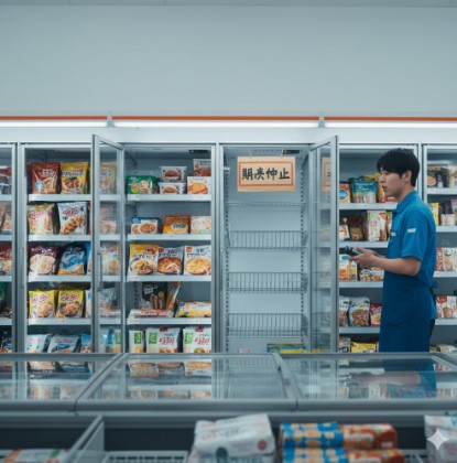 コンビニの冷凍食品コーナー。焼き鳥やパスタなど様々な商品が並ぶが、一部の棚には空きスペースが見られ、品薄になっている様子がうかがえる。