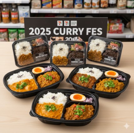 セブンイレブンの「2025 CURRY FES」と書かれたボードを背景に、エリックサウス監修のバターチキンカレーと銀座デリー監修のカシミールカレーを含む、様々なカレー弁当が店頭に並べられている。