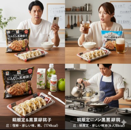 冷凍餃子のカロリー表示を見て驚く男性と、飲み物でカロリー調整をする女性。さらに冷凍餃子をフライパンで焼く男性の4分割イメージ