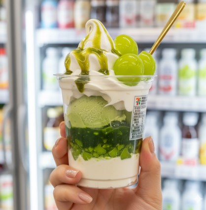 コンビニの冷蔵ケースの前で、手で持たれた透明なカップに入ったシャインマスカットパフェ。ソフトクリーム、マスカット、緑色のソースとジェラート、バニラアイスが層になっているのがはっきりと見える。