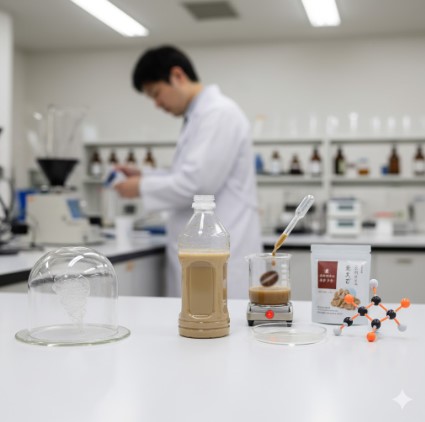 研究室で、ペットボトルコーヒーとコーヒー豆が並べられた実験台。奥には白衣を着た研究者が作業しており、コーヒーの風味変化に関する科学的な分析を示唆している。