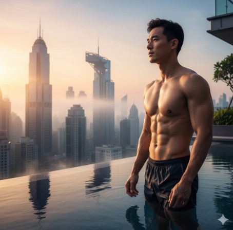都会のビル群を背景に、インフィニティプールから体を半分出した日本人男性が、朝日を浴びながら遠くを見つめている。彼の鍛えられた体からは健康的なライフスタイルが感じられる。
