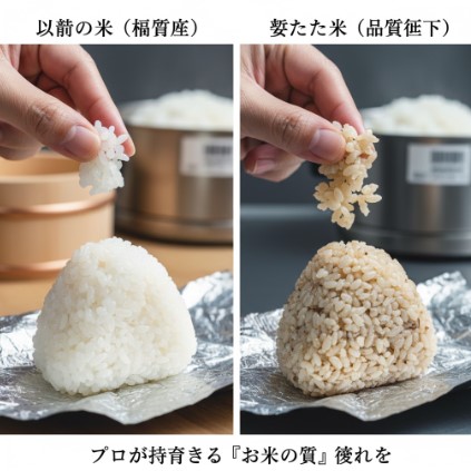 左右に並べられた2つのおにぎり。左は白くふっくらとしたご飯で、右は茶色くパサついたご飯。それぞれのおにぎりの上に、指で摘まれた米粒が示されている。
