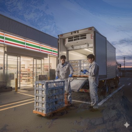 早朝、コンビニにチルド商品を配送するトラックと、コンテナを運ぶ作業員。