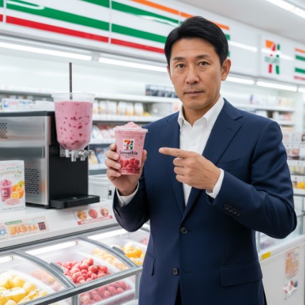 冷凍フルーツコーナーでセブンカフェスムージーを指すスーツ姿の日本人男性