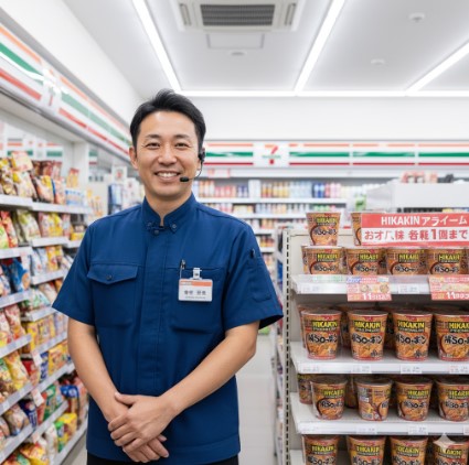 お一人様 各種1個まで」と書かれたポップの前で笑顔で立つコンビニ店長と陳列されたカップラーメン「みそきん」