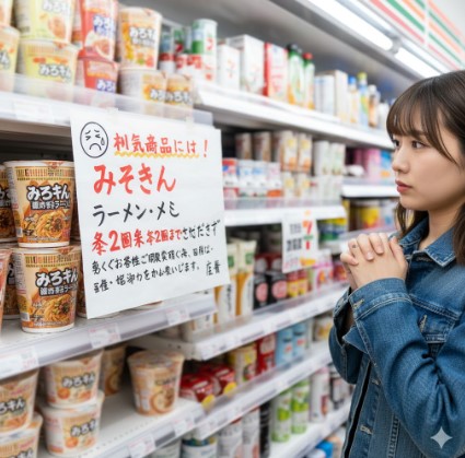 セブンイレブンの店頭で、「みそきん」の転売対策として購入個数制限の案内(ポップ)が出されている様子。