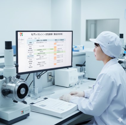 白衣を着た日本人研究員が、セブンイレブンの食品添加物自主基準を示すPC画面を見ながら、顕微鏡や書類と共に品質検査を行う実験室の様子。食品の安全管理を強調。