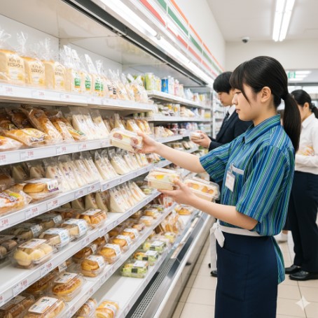 セブンイレブンの店員が、パンやサンドイッチが並ぶ棚に商品を陳列し、補充している様子。