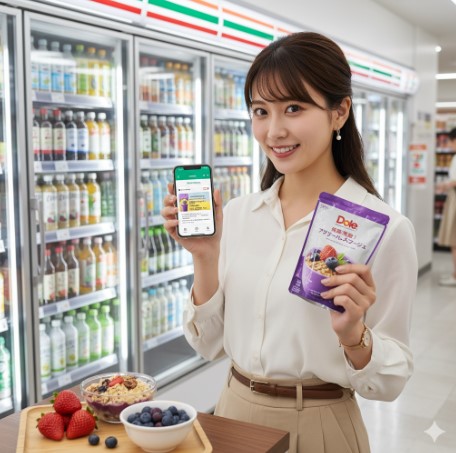 コンビニ店内でスマートフォンアプリとDoleのアサイーベース製品を持つ日本人女性。手前にはアサイーボウル用のフルーツが置かれている。