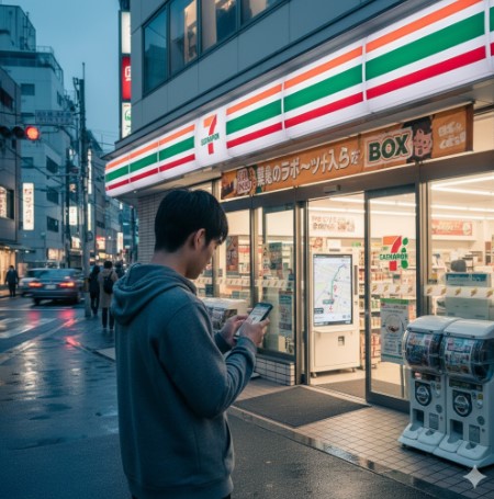スマートフォンでセブン‐イレブンのガシャポン設置店舗を検索している日本人男性。