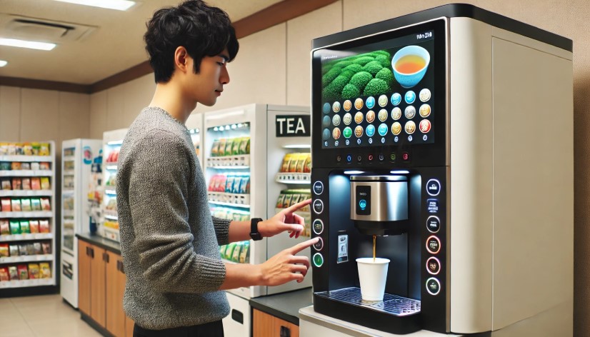 日本人男性がセブンイレブンの紅茶マシンにカップをセットし、タッチパネルで茶葉を選択している場面。