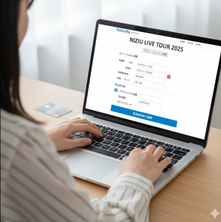 パソコンの画面に「チケットぴあ」のウェブサイトが表示されており、NiziUのライブチケットの申し込み画面を見ながらクレジットカード情報を入力している日本人女性の手元。