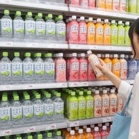 セブンイレブンの飲料棚に並ぶ「い・ろ・は・す天然水」と、様々なフレーバーウォーターのボトル。