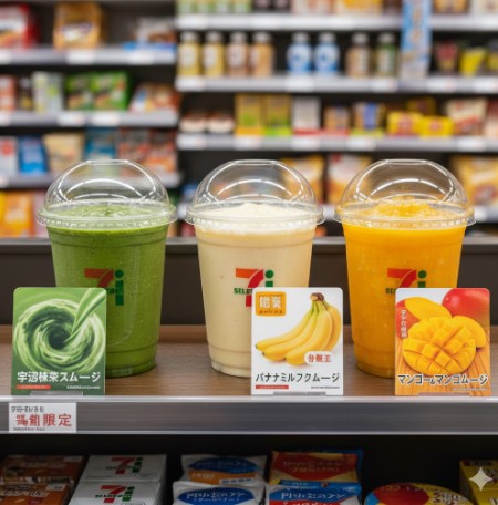 セブンイレブンの店内で、宇治抹茶スムージー、バナナミルクスムージー、マンゴー&マンゴースムージーの3種類の新作スムージーがカウンターに並べられている。各商品の紹介カードも添えられている。