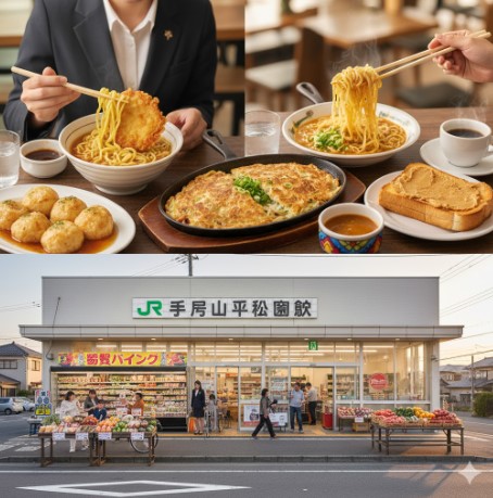 上段に姫路のソウルフード(えきそば、御座候の担々麺、タコピィ、どろ焼、アーモンドトースト)が並べられたテーブル。下段に「JR手柄山平和公園駅」と書かれた駅舎のような外観のスーパーマーケット。