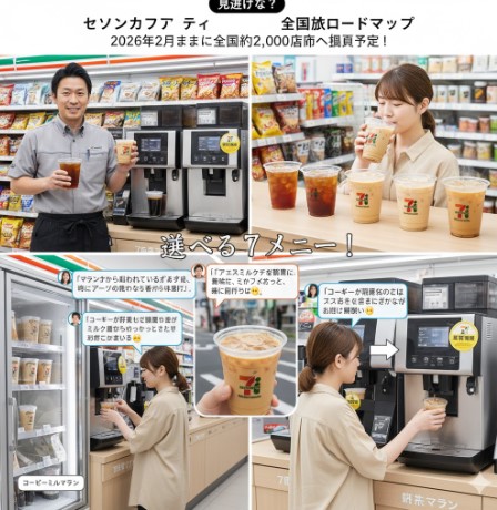 セブンカフェティーの購入ステップと商品ラインナップ、そして店員と顧客が紅茶を楽しむ様子をまとめたコラージュ画像。セブンイレブンの店内が背景にある。