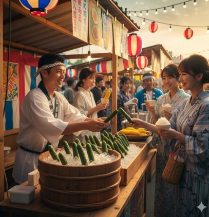 夏祭りの屋台で、ハチマキを巻いた日本人男性店主が、氷水で冷やされたきゅうりの一本漬けを浴衣姿の日本人女性客に手渡している活気ある様子。