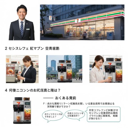 セブンカフェの紅茶マシンで、日本人の女性が紅茶を淹れている様子。ホットとアイスのカップが並び、手頃な価格が表示されている。