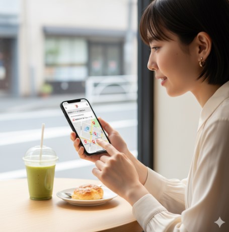 カフェでグリーンスムージーとパンと共に、スマートフォンのセブンイレブン公式サイトで店舗検索をする日本人女性。