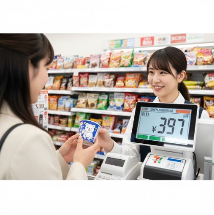 セブンイレブンのレジカウンターで白くまアイスを購入し、会計をしている客と店員の様子。