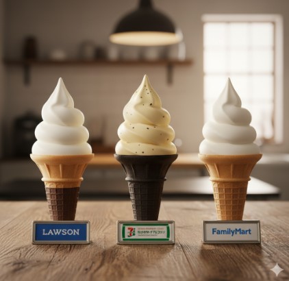 木目のカウンターに並べられた、ローソン、セブンイレブン、ファミリーマートをイメージした3種類のワッフルコーンソフトクリームとそれぞれのブランドプレート。
